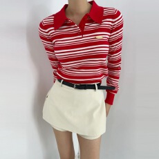 已出 韩版  复古博主同款金属标气质条纹POLO针织衫显瘦上衣