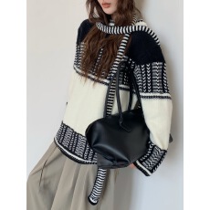 批发韩系高级感撞色提花圆领套头费尔岛毛衣女秋冬季慵懒风宽松针织衫