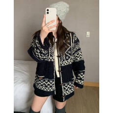 批发INS韩国东大门韩系氛围感费尔岛手工毛衣牛角扣开衫女