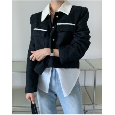 批发已出货 韩国chic 小香风西装领撞色镶边多口袋设计粗花呢<b class='q'>长袖</b>外套