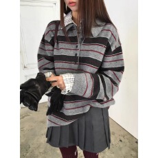 批发有货 韩版  翻领休闲条纹宽松保暖长袖针织衫毛衣上衣