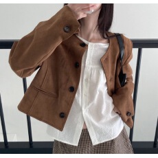 批发韩国东大门 2025年新秋款美拉德复古棕短款单排扣圆领夹克外套女