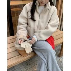 批发chic 韩系冬季温柔甜美简约立领拉链抽绳收腰短款羊羔毛卫衣外套