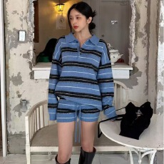 批发韩系polo领针织衫春季新款毛衣潮人条纹衫加<b class='q'>短裤</b>套装两件套