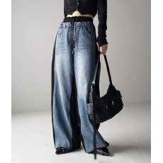 批发韩版新款牛仔拼接<b class='q'>松紧</b>腰系绳牛仔长裤气质女