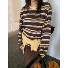 批发已出韩版慵懒风字母刺绣减龄<b class='q'>长袖</b>条纹<b class='q'>宽松</b>休闲<b class='q'>T</b><b class='q'>恤</b>