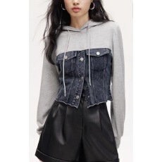 批发韩版新款复古街头牛仔拼接连帽<b class='q'>卫衣</b>女士<b class='q'>短款</b>时尚外套