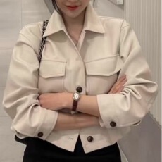 批发已出韩版新款翻领简约腰部抽绳显瘦pu皮衣气质女