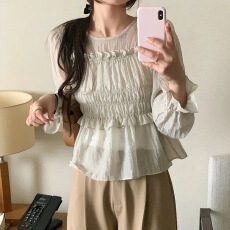 批发已出韩系春季法式木耳边皱褶<b class='q'>收腰</b>显瘦荷叶袖薄款<b class='q'>雪纺衫</b>上衣