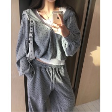 批发有货chic 韩版休闲印花华夫格卫衣套装