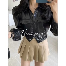 批发有货秋冬韩国chic复古翻领单排扣双口袋皮衣外套