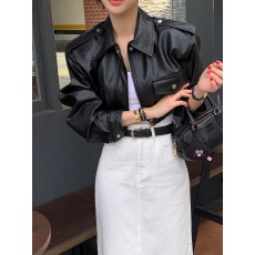 批发有货时尚休闲拉链翻领短款皮衣外套