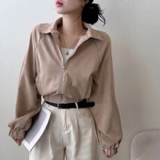 批发<b class='q'>韩版</b>复古翻领拉链式绒面感宽松百搭长袖短款夹克外套