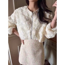 批发韩式时尚设计感重工镂空立体花朵拉链泡泡袖衬衫女短外套