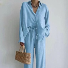 批发已出韩国棉麻<b class='q'>衬衫</b>上衣女翻领宽抽绳长裤套装