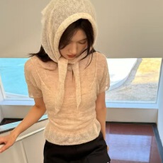 批发已出韩系马海毛短袖设计感上衣背心头巾三件套