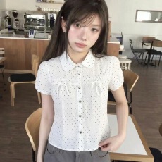 批发chic 百搭<b class='q'>波点</b>翻领修身<b class='q'>衬衫</b>