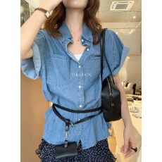 批发有货夏季韩版纯色短袖开衫牛仔衬衫女