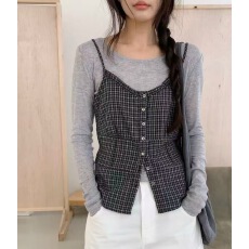 批发韩国2026新款韩版复古格纹收腰花边系扣吊带背心