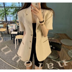 批发原版已出夏装纯色棉麻系扣<b class='q'>休闲</b>气质OL西装短䄂外套