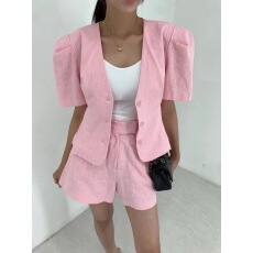 批发夏季时尚简约泡泡短袖西装外套女+高腰休闲阔腿短裤<b class='q'>套装</b>