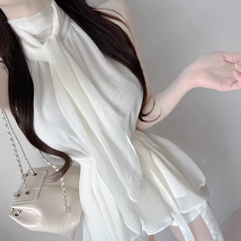 여름 새로운 품격 연령 감소 순수한 욕망 고급 센스 맨위 한 부서 슬림해 보이는 행침 목 레이스업 허리 수축 쉬폰 티셔츠 여성