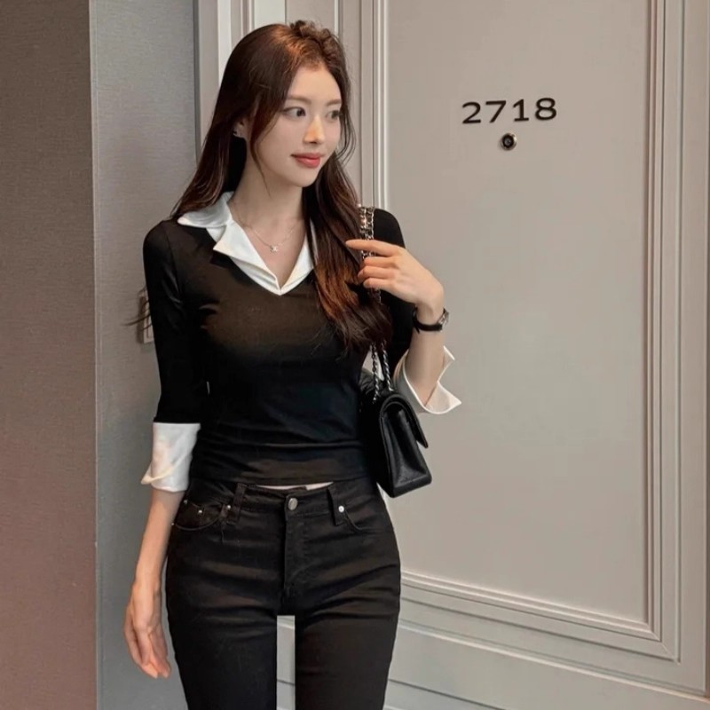 한국 봄 여름 새로운 품격 몸매 가꾸기 polo 폴로 칼라 중간 소매 얇은 스타일 마이크로 ~을 통해 몸매 가꾸기 디스플레이 몸 기본 셔츠 티셔츠