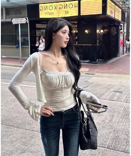 품격 몸매 가꾸기 디스플레이 몸 순수한 욕망 바람 레이스 조각 슬립 티셔츠 긴팔 자외선 차단 맨위 오픈 가디건 두 조각 여성 세트