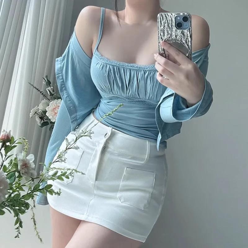 품격 몸매 가꾸기 디스플레이 몸 순수한 욕망 바람 레이스 조각 슬립 티셔츠 긴팔 자외선 차단 맨위 오픈 가디건 두 조각 여성 세트