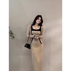 批发韩国东大门新款气质<b class='q'>修身</b>显身材包臀长款吊带<b class='q'>连衣裙</b>长袖开衫两件套