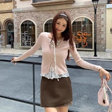 批发韩国东大门新款气质纯欲超<b class='q'>蕾丝</b>拼接撞色假两件长袖针织衫<b class='q'>T</b><b class='q'>恤</b>女