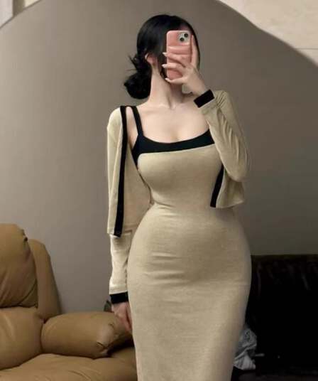 봄 가을 새로운 품격 몸매 가꾸기 디스플레이 몸 타이트 스커트 롱 스커트 패치워크 색상 슬립 드레스 긴팔 오픈 가디건 두 조각 여성 세트