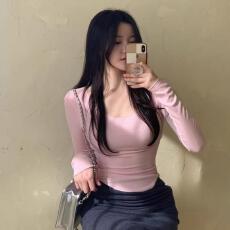 批发韩国春秋新款显身材U领显胸<b class='q'>紧身</b>上衣气质显瘦百搭短款长袖<b class='q'>T</b><b class='q'>恤</b>女潮