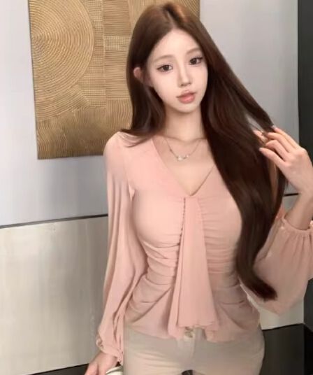 한국 동대문 새로운 품격 몸매 가꾸기 V넥 Chic 디자인 센스 허리 수축 디스플레이 몸 망사 다용도 긴팔 티셔츠