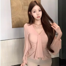 批发韩国东大门新款气质修身<b class='q'>V领</b>别致设计感收腰显身材网纱百搭长袖<b class='q'>T</b><b class='q'>恤</b>