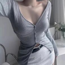 批发韩国东大门新款气质修身掐腰V领显身材薄款微透百搭长袖<b class='q'>开衫</b>T恤女