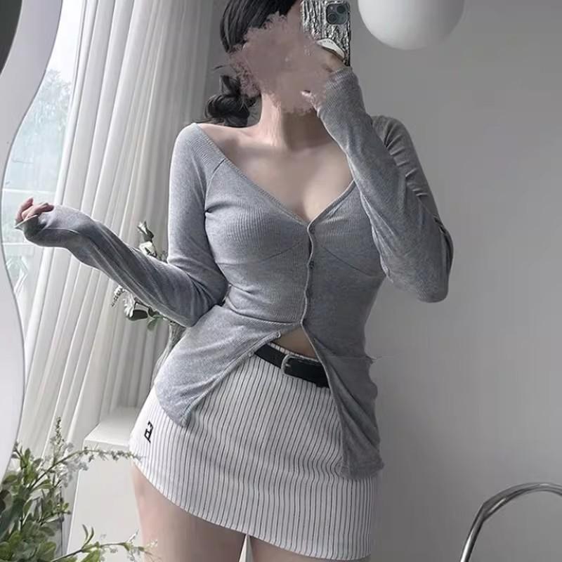 한국 동대문 새로운 품격 몸매 가꾸기 꼬집기 허리 V넥 디스플레이 몸 얇은 스타일 마이크로 ~을 통해 다용도 긴팔 오픈 가디건 티셔츠 여성