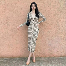 批发春季新款气质<b class='q'>翻领</b>条纹开叉修身显身材百搭时尚中长款针织<b class='q'>连衣裙</b>潮