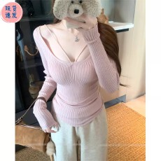 批发纯欲漂亮春秋粉色低领打底衫<b class='q'>女</b>内搭高端小资<b class='q'>毛衣</b>修身长袖针织上衣