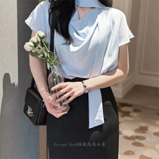 批发夏季新款<b class='q'>气质</b>荡领系带修身显身材上衣缎面通勤百搭短袖<b class='q'>衬衫</b><b class='q'>T</b><b class='q'>恤</b>女