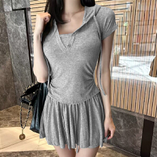 批发<b class='q'>韩国</b>东大门修身显瘦纯欲风性感连帽短袖上衣+高腰半身裙两件套女