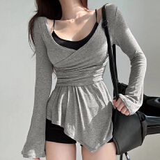 批发<b class='q'>韩国</b>东大门纯欲风性感辣妹V领百搭褶皱长袖上衣女士修身显瘦<b class='q'>T</b><b class='q'>恤</b>潮