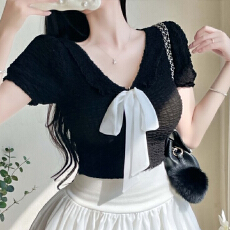 批发韩国东大门时尚百搭修身显瘦性感纯欲V领系带短款短袖<b class='q'>T</b><b class='q'>恤</b>上衣女士