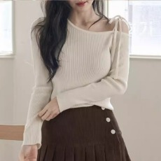 批发韩国东大门首尔印象新款温柔女人味露肩侧系带修身<b class='q'>长袖</b>打底针织衫