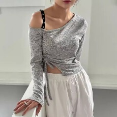 批发韩国东大门斜肩金属扣长袖<b class='q'>T</b><b class='q'>恤</b>女弹力修身显瘦抽绳露腰气质上衣