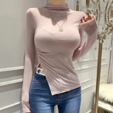 批发韩国东大门纯色半高领<b class='q'>长袖</b><b class='q'>T</b><b class='q'>恤</b>女修身显瘦褶皱不规则开叉打底上衣