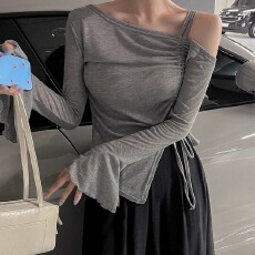 批发韩国东大门2026春秋女士甜美性感风博主褶皱露肩抽绳绑带打底<b class='q'>T</b><b class='q'>恤</b>