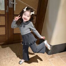 女童春秋季学院风翻领条纹长袖上衣宝宝韩系套装儿童批量微喇裤子