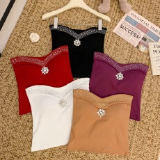 批发人棉260克烫钻内搭一字围抹胸背心女外穿辣妹性感无肩带裹胸上衣