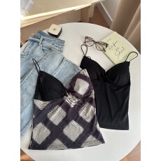 批发跨境夏季美式辣妹网纱格子撞色吊带背心带胸垫百搭时尚女打底内衣